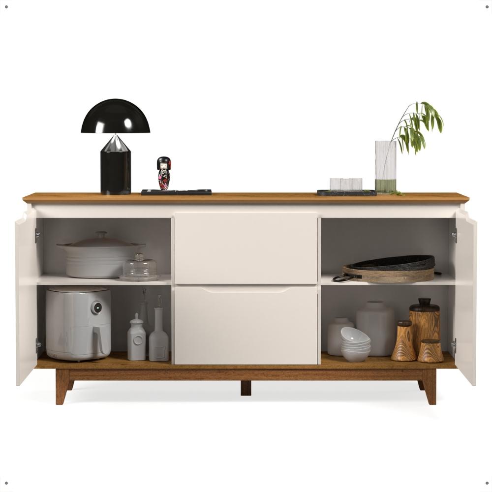 Buffet Flow 2 Portas Gavetas Organizadoras Pés Pinus Madeira Prateleira Aparador Cantinho Café Off White/Freijó - Lojas RPM