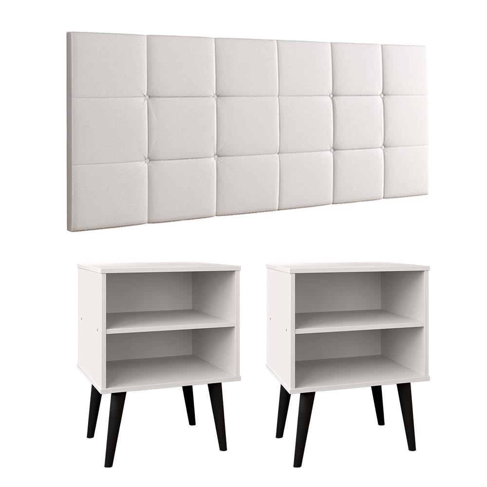 Cabeceira Estofada Cama Box Queen Bia 1,60 Corino Kit 2 Mesinhas Nicho Prateleira Pés Palito Retrô Quarto Casal Branco/Preto - RPM