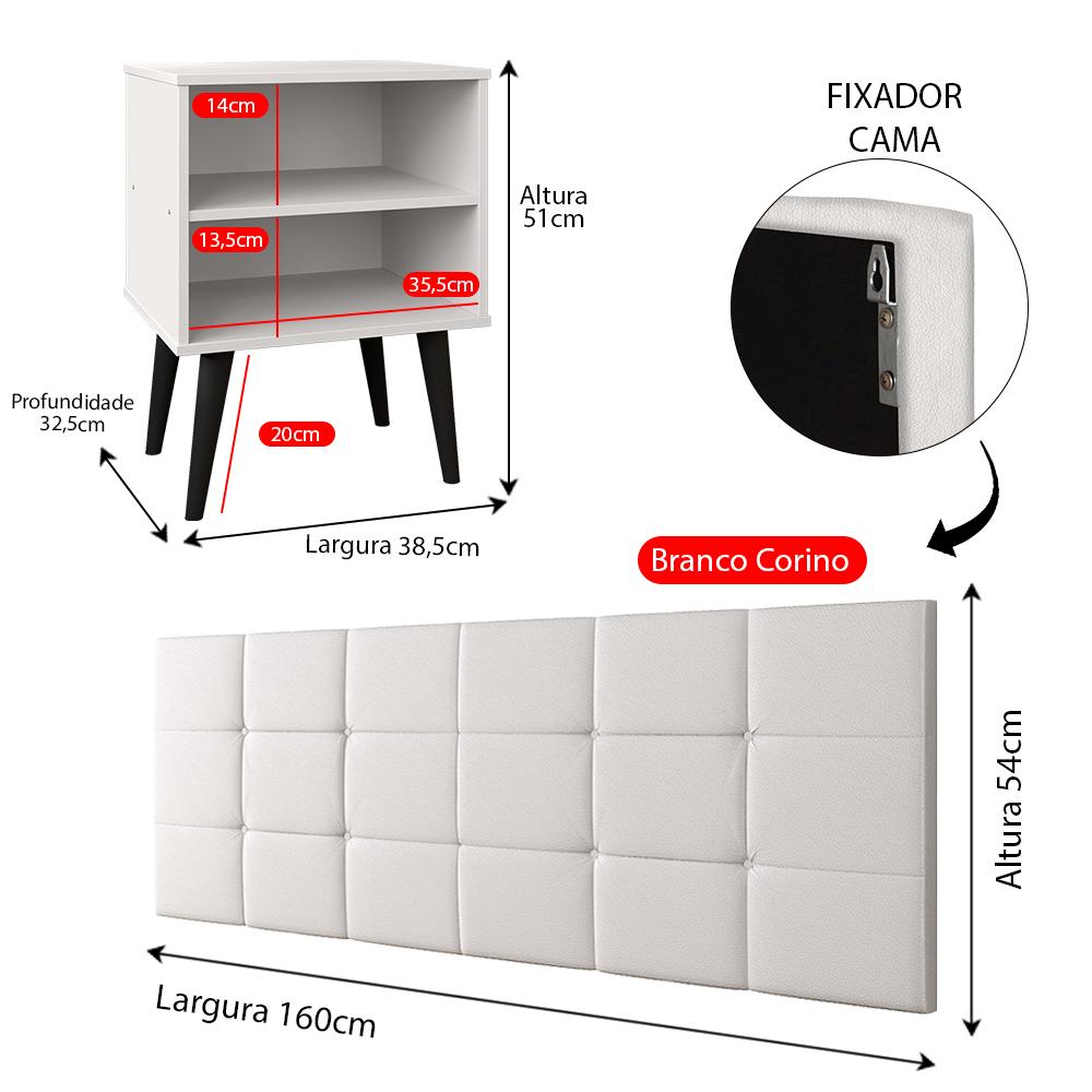 Cabeceira Estofada Cama Box Queen Bia 1,60 Corino Kit 2 Mesinhas Nicho Prateleira Pés Palito Retrô Quarto Casal Branco/Preto - RPM