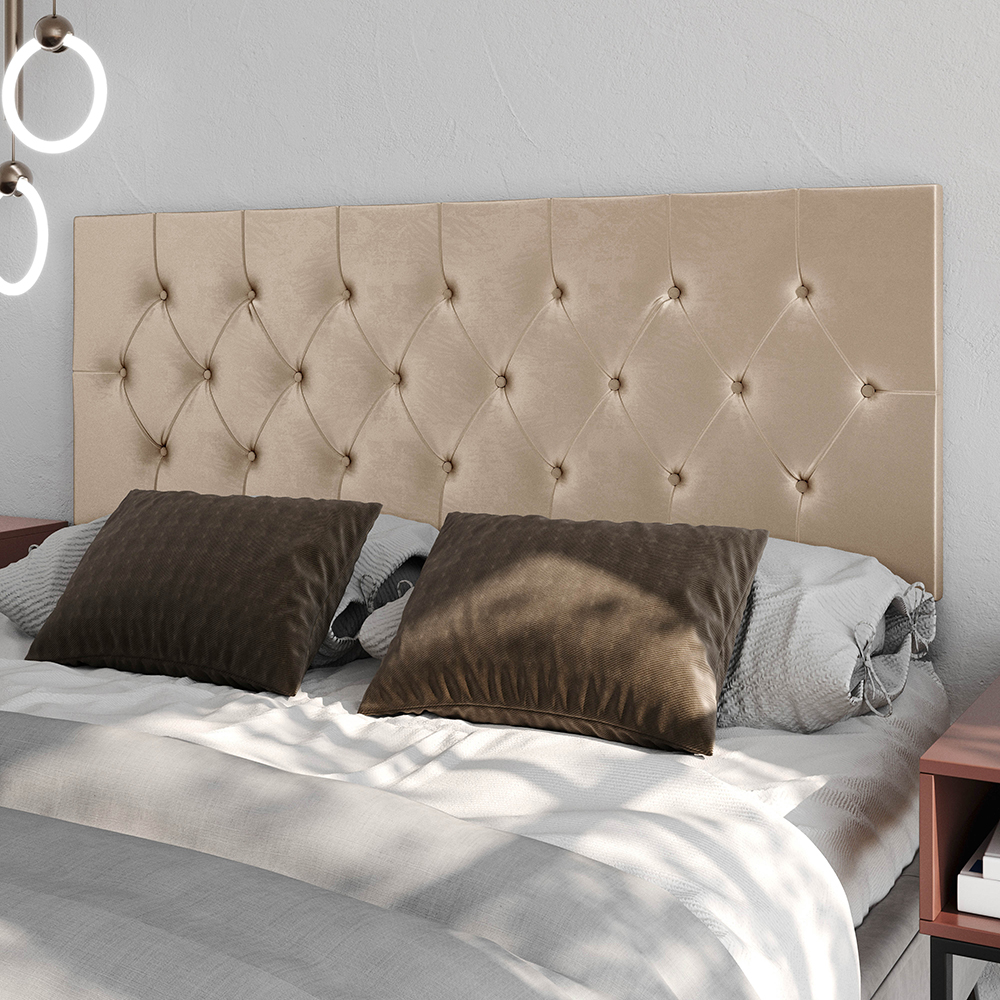 Cabeceira Estofada Painel Quarto Cama Box Casal 1,60 Moderna Paris Com Captonê - Bege Suede - Rpm Móveis