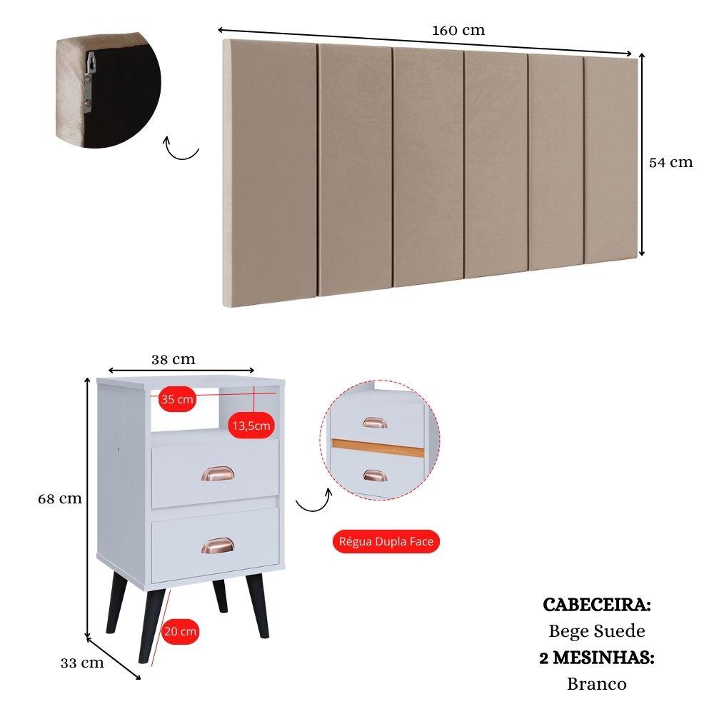Cabeceira Modular Painel Cama Box Casal Queen 1,60 Júlia Bege Jogo Quarto 2 Mesinhas Gavetas Multiuso Vintage Classic New Branco- RPM