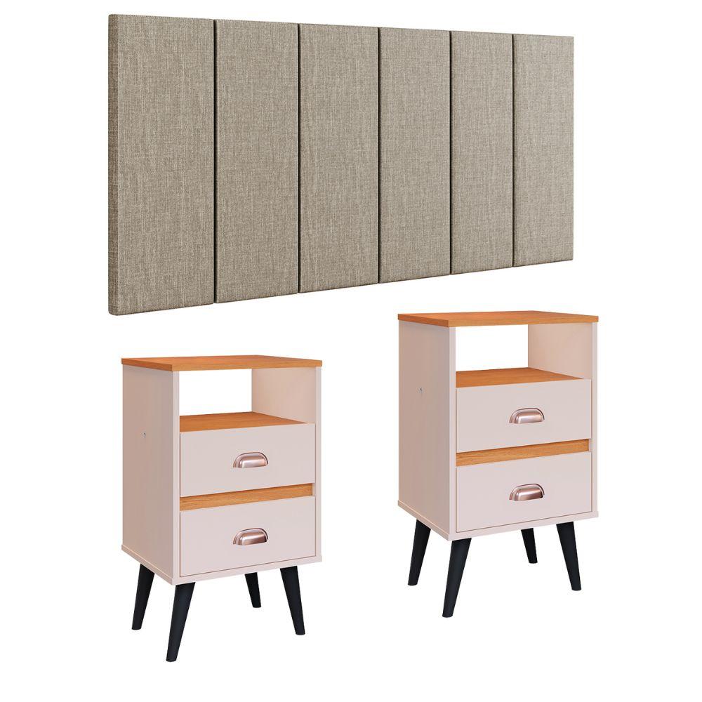 Cabeceira Modular Painel Cama Box Casal Queen 1,60 Júlia Bege Linho Jogo Quarto 2 Mesinhas Gavetas Multiuso Vintage Classic New Off/Cinamomo - RPM