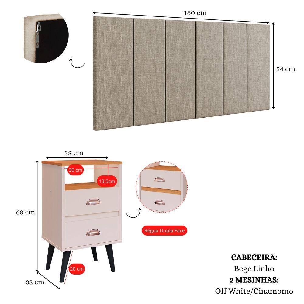 Cabeceira Modular Painel Cama Box Casal Queen 1,60 Júlia Bege Linho Jogo Quarto 2 Mesinhas Gavetas Multiuso Vintage Classic New Off/Cinamomo - RPM