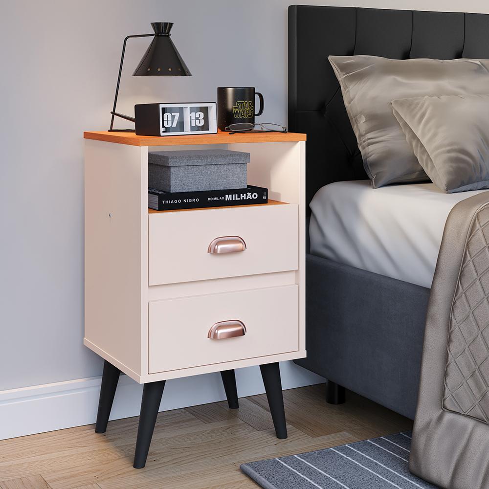 Cabeceira Modular Painel Cama Box Casal Queen 1,60 Júlia Branco Jogo Quarto 2 Mesinhas Gavetas Multiuso Vintage Classic New Off/Cinamomo- RPM