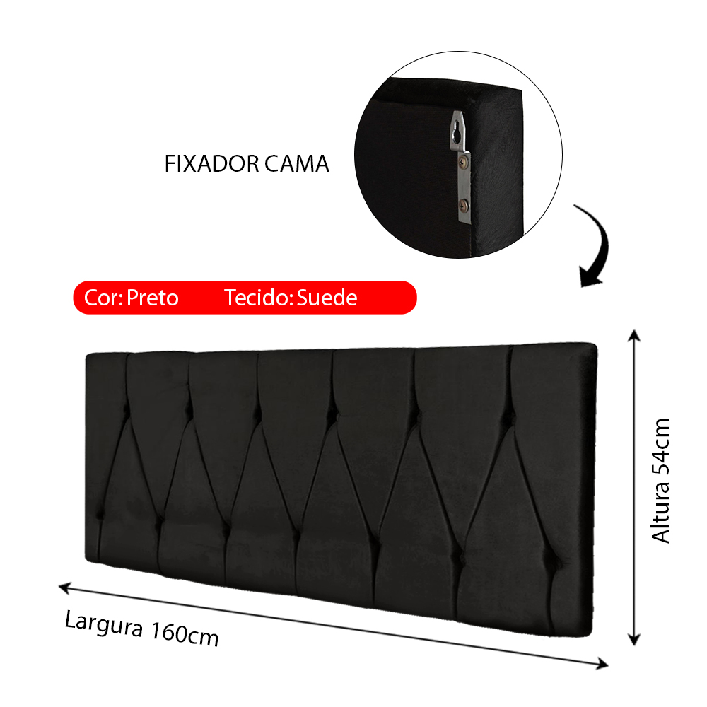 Cabeceira Parede Capitonê Estofado Suede Cama Box Queen 1,60 Quarto Casal Decoração Retrô - Preto - RPM