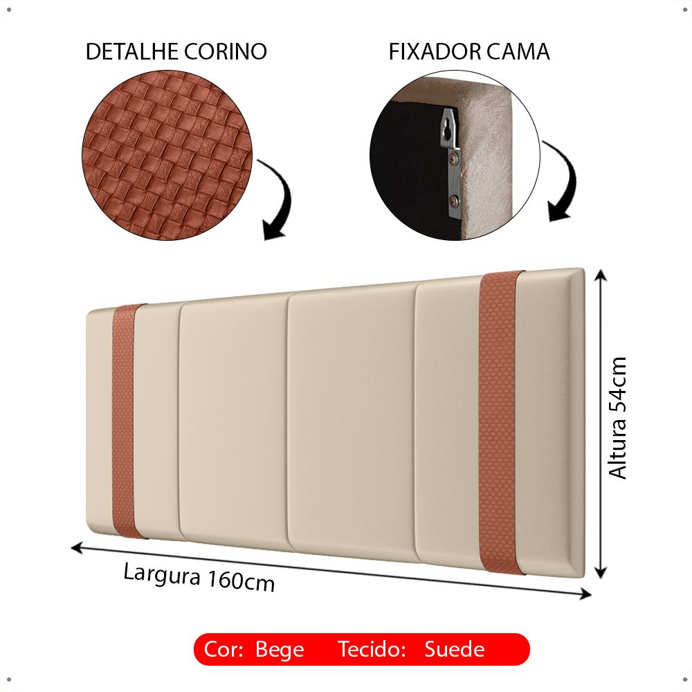 Cabeceira Suspensa Estofada Parise Cama Box Queen 1,60 Decoração Clássica Quarto Casal Proteção Parede Bege Suede - Lojas RPM