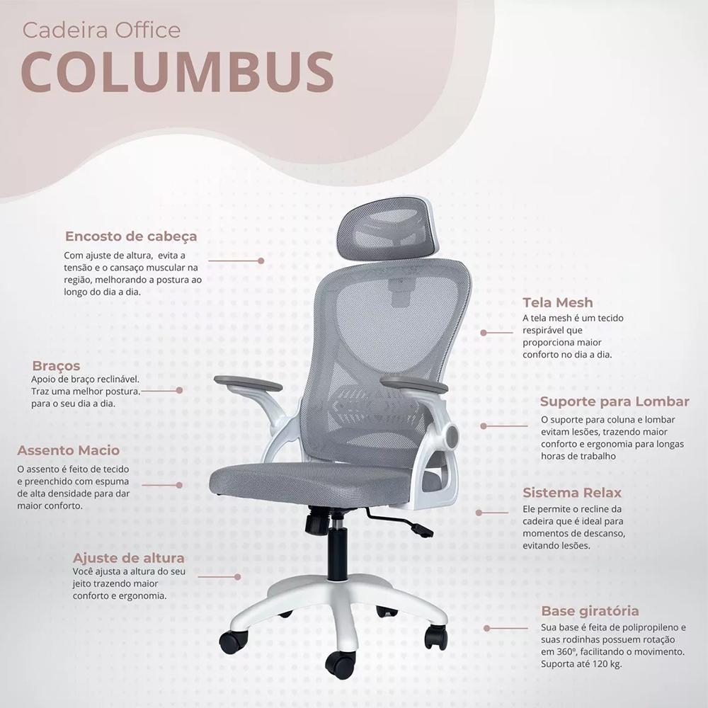 Cadeira Office Giratória Columbus Altura Regulável Sistema Relax Apoio Cabeça Assento Confortável Tela Mesh Branco/Cinza - Lojas RPM