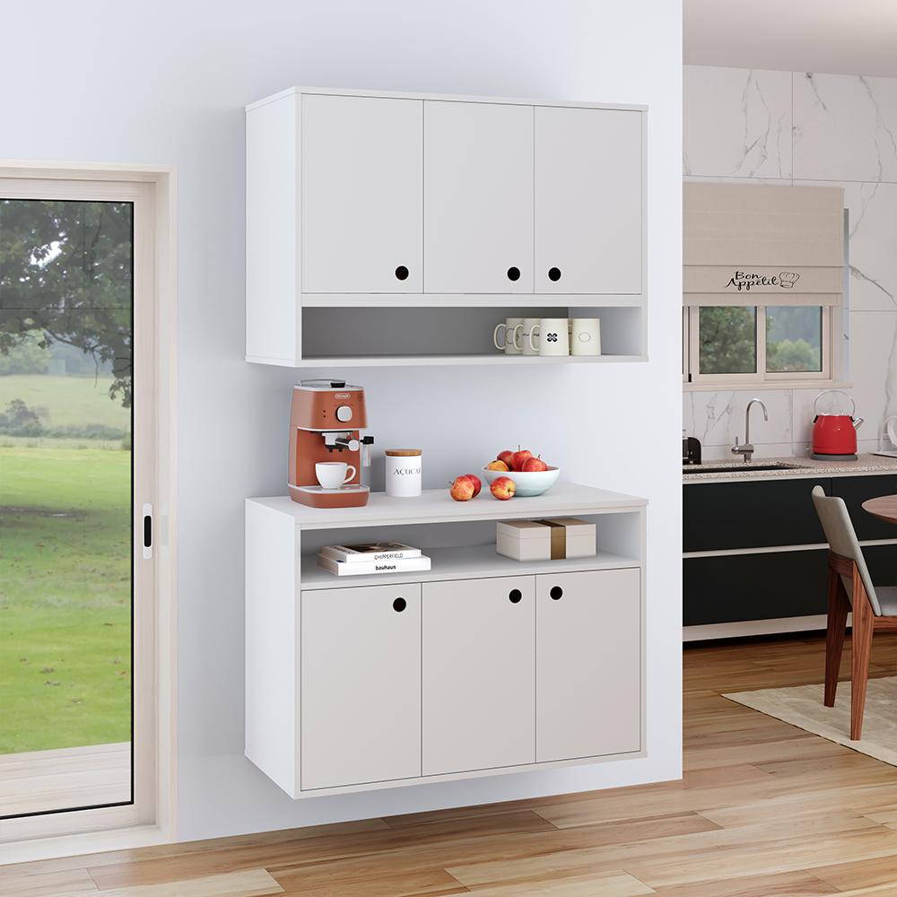 Conjunto Cozinha Completa Armário e Aparador Buffet Suspenso Organizador Nicho 3 Portas Jéssica - Branco - Lojas RPM