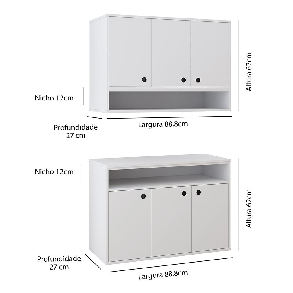 Conjunto Cozinha Completa Armário e Aparador Buffet Suspenso Organizador Nicho 3 Portas Jéssica - Branco - Lojas RPM