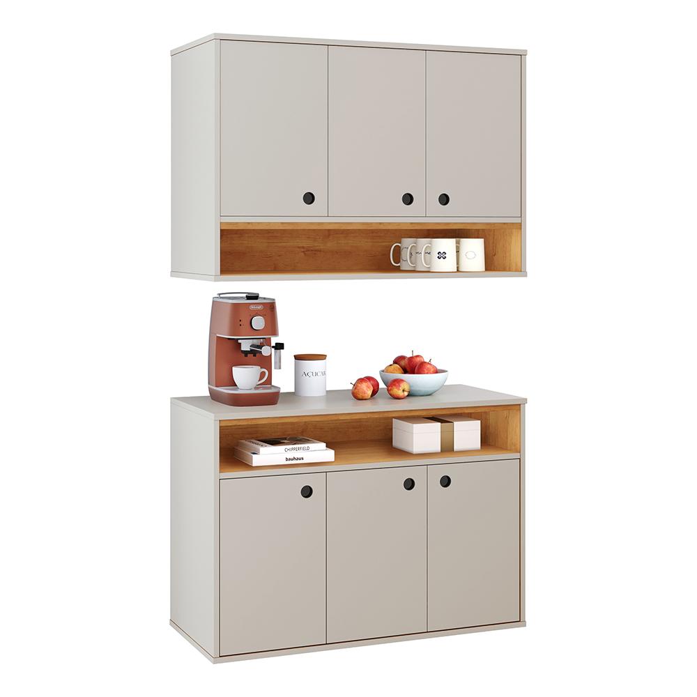 Conjunto Cozinha Completa Armário e Aparador Buffet Suspenso Organizador Nicho 3 Portas Jéssica - Off White-Cinamomo - Lojas RPM