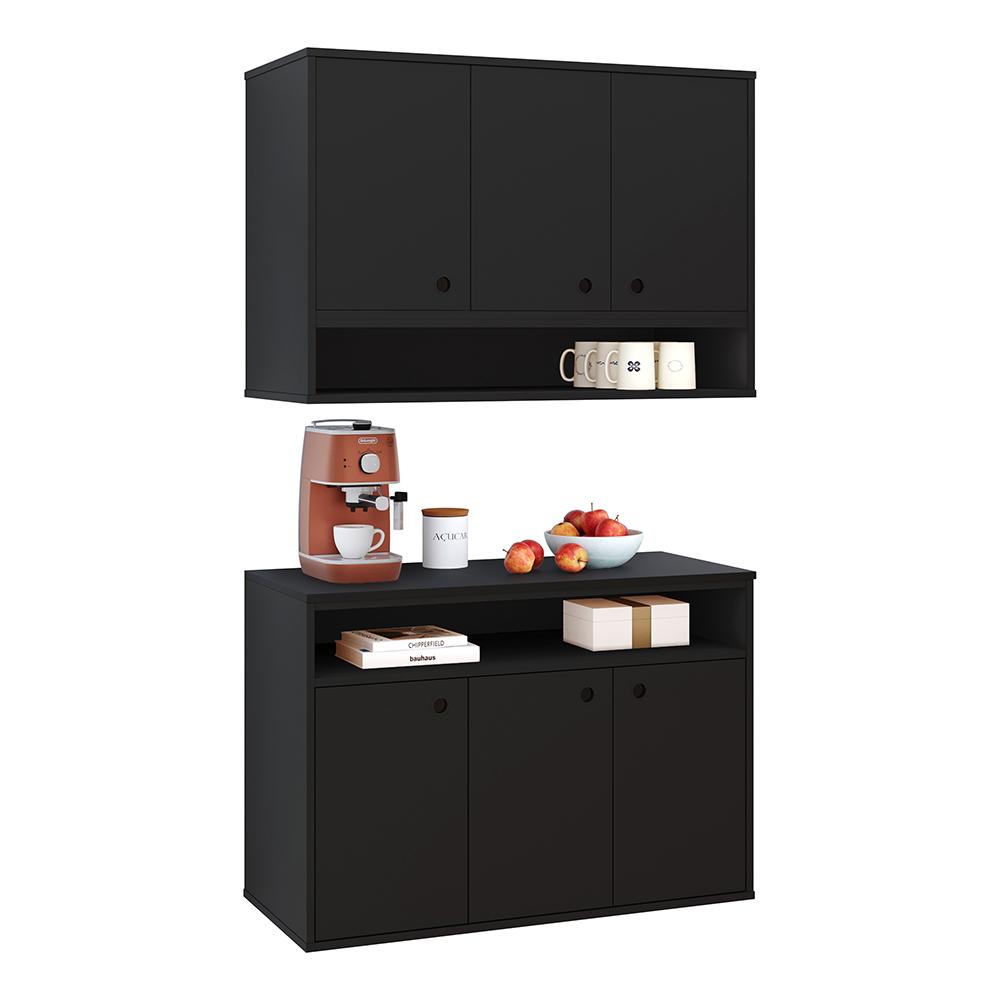 Conjunto Cozinha Completa Armário e Aparador Buffet Suspenso Organizador Nicho 3 Portas Jéssica - Preto - Lojas RPM