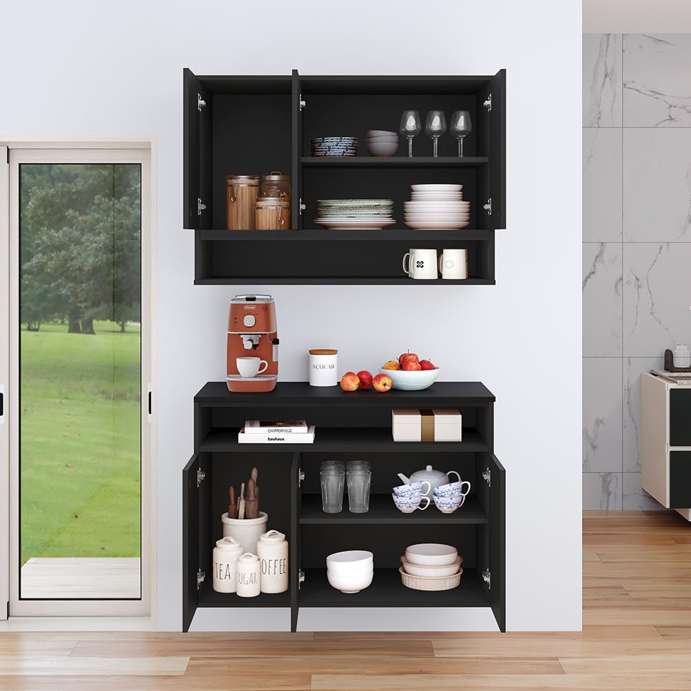 Conjunto Cozinha Completa Armário e Aparador Buffet Suspenso Organizador Nicho 3 Portas Jéssica - Preto - Lojas RPM