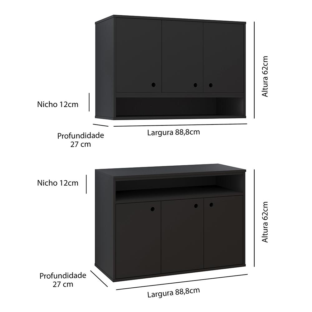 Conjunto Cozinha Completa Armário e Aparador Buffet Suspenso Organizador Nicho 3 Portas Jéssica - Preto - Lojas RPM