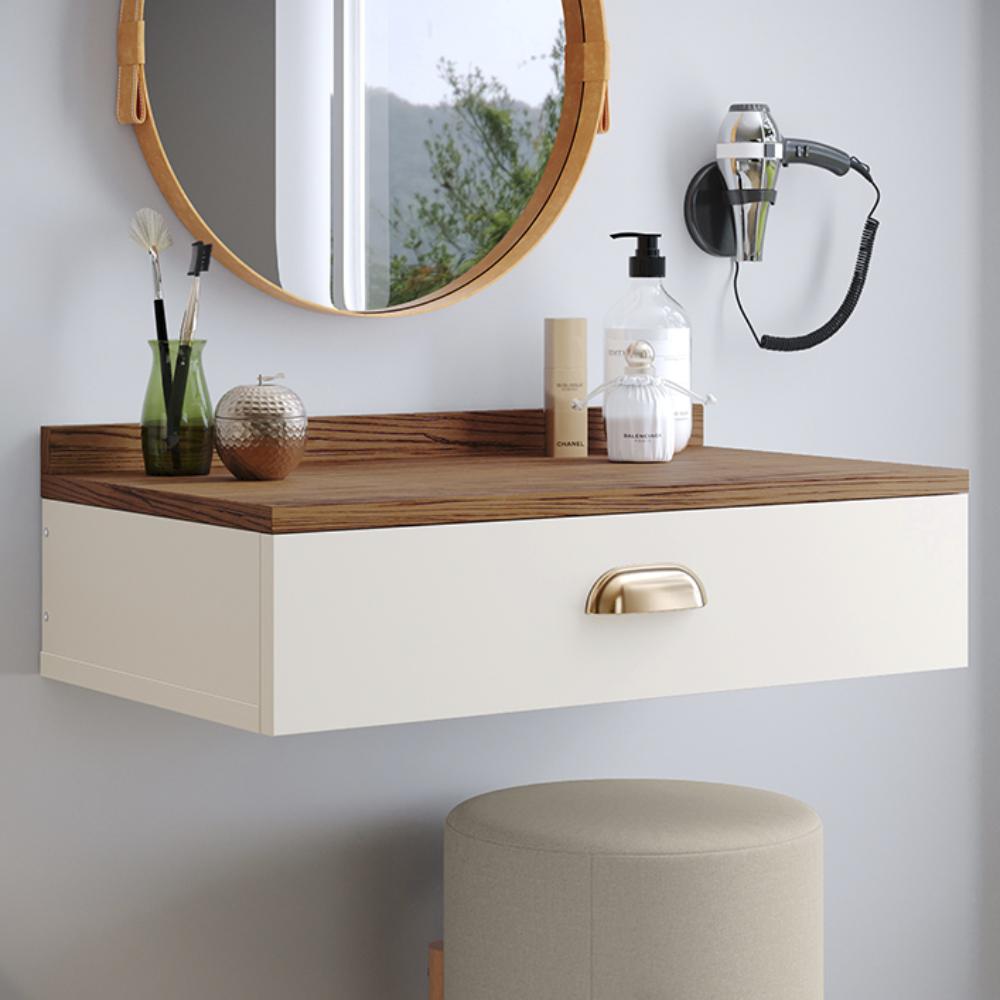 Conjunto Quarto 2 Mesas Cabeceira Retrô Mesinha Lateral Cama E Penteadeira Suspensa Organizadora Decoração Ambiente Off White/Freijó - RPM Móveis