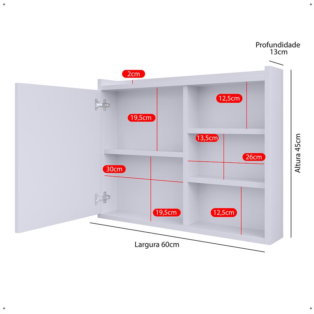 Espelheira Armário Banheiro 60 cm Espelho Porta Prateleira Organizadora Lavabo Luxo - Branco