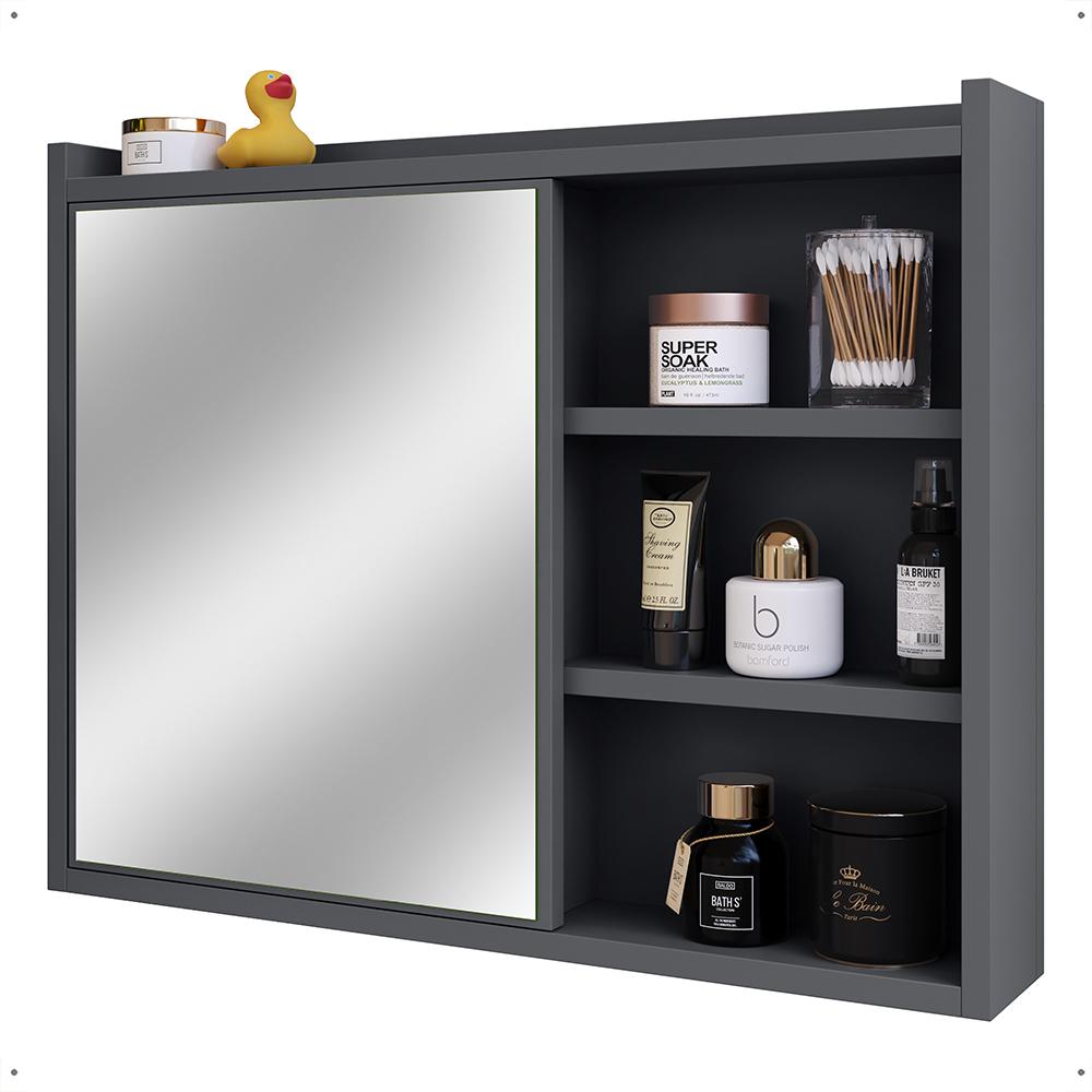Espelheira Armário Banheiro 60 cm Espelho Porta Prateleira Organizadora Lavabo Luxo - Cinza