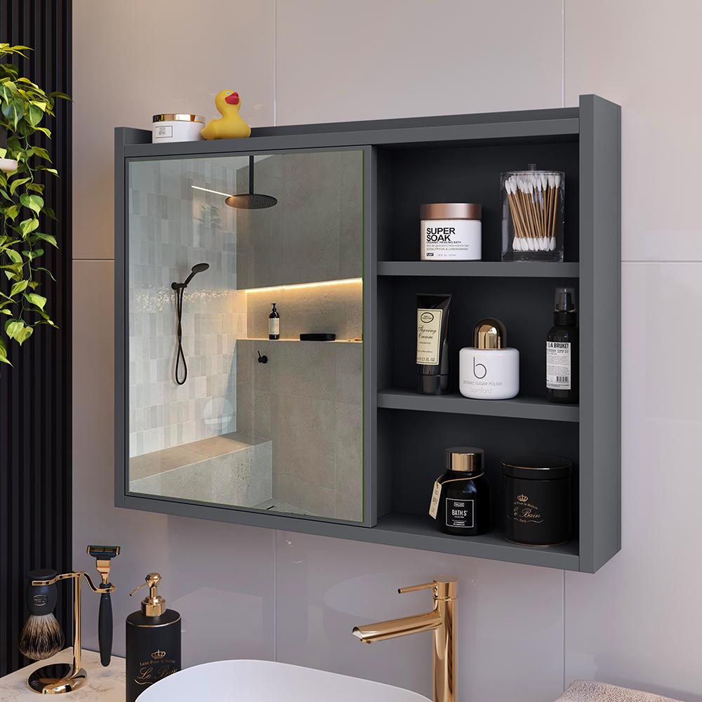 Espelheira Armário Banheiro 60 cm Espelho Porta Prateleira Organizadora Lavabo Luxo - Cinza