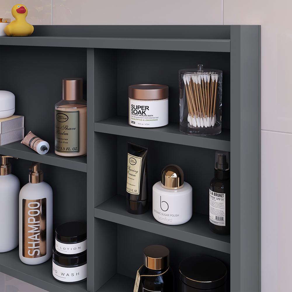Espelheira Armário Banheiro 60 cm Espelho Porta Prateleira Organizadora Lavabo Luxo - Cinza
