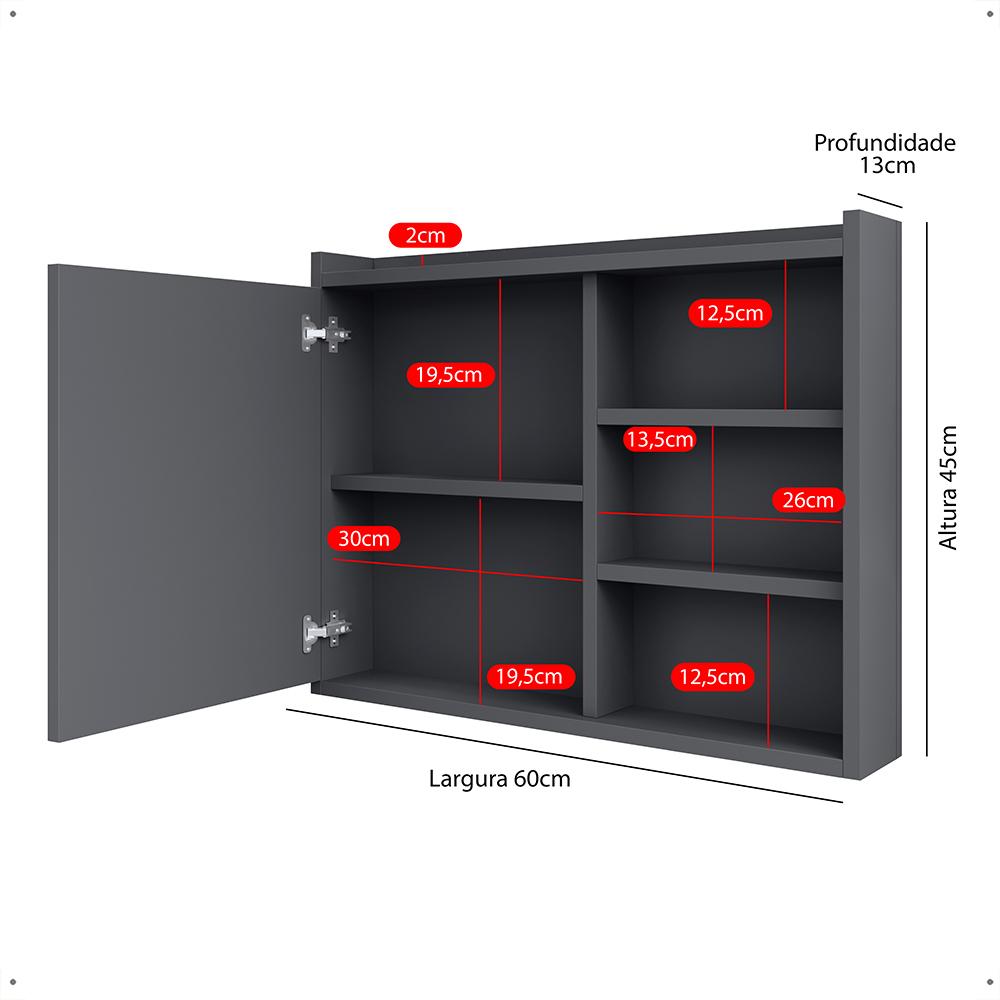 Espelheira Armário Banheiro 60 cm Espelho Porta Prateleira Organizadora Lavabo Luxo - Cinza