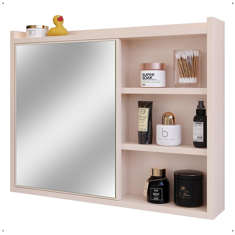 Espelheira Armário Banheiro 60 cm Espelho Porta Prateleira Organizadora Lavabo Luxo - Off White