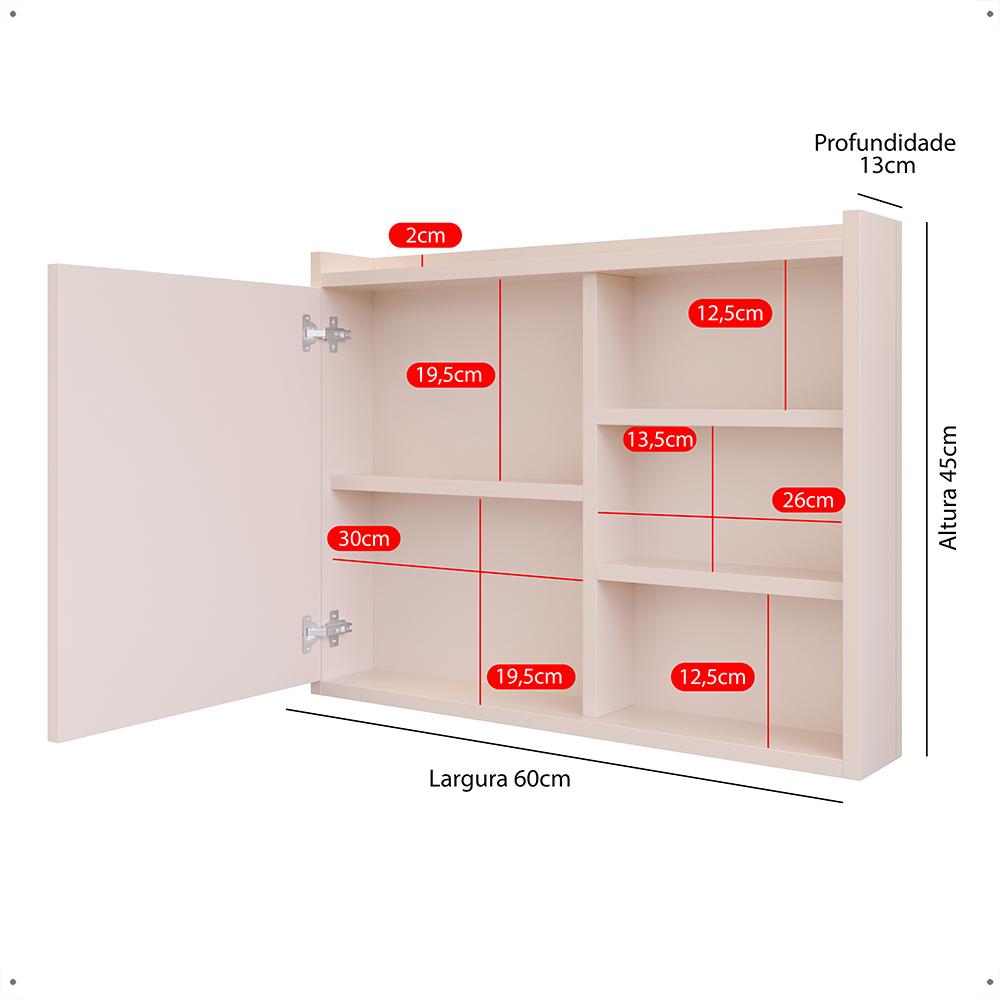 Espelheira Armário Banheiro 60 cm Espelho Porta Prateleira Organizadora Lavabo Luxo - Off White