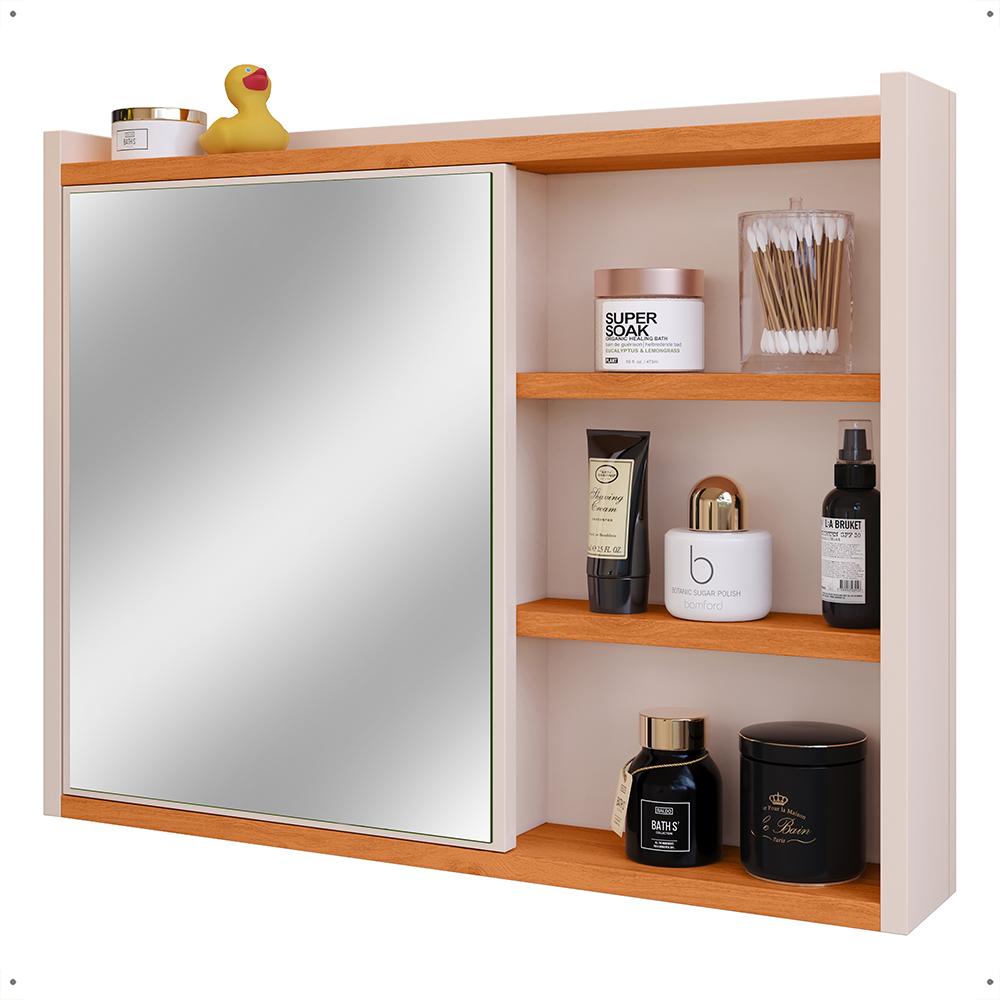 Espelheira Armário Banheiro 60 cm Espelho Porta Prateleira Organizadora Lavabo Luxo - Off White/Cinamomo