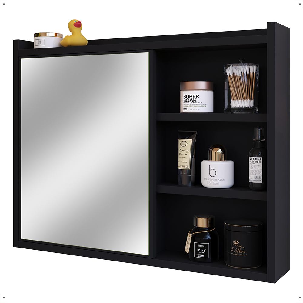 Espelheira Armário Banheiro 60 cm Espelho Porta Prateleira Organizadora Lavabo Luxo - Preto