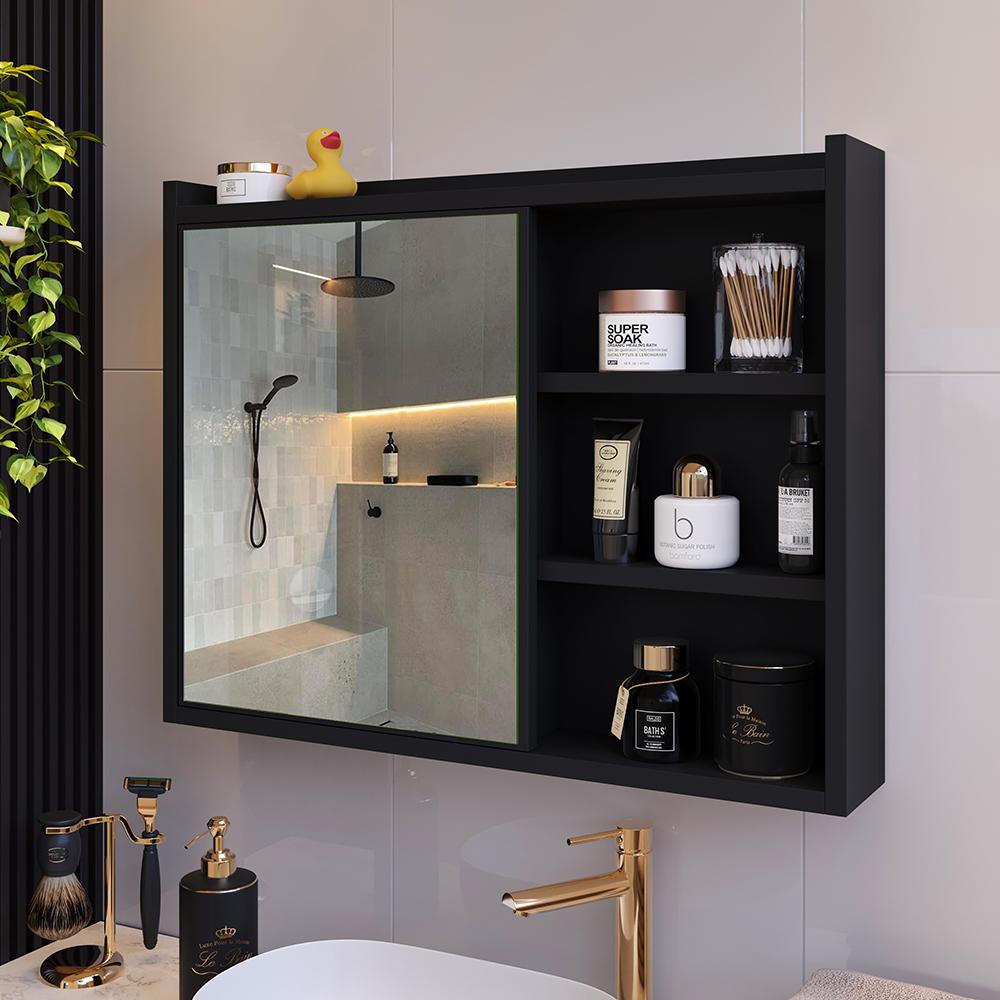 Espelheira Armário Banheiro 60 cm Espelho Porta Prateleira Organizadora Lavabo Luxo - Preto