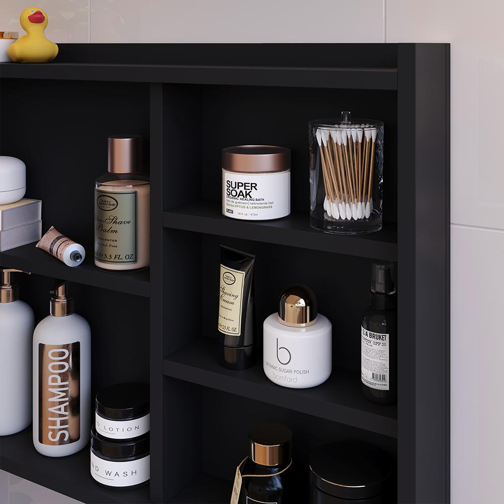 Espelheira Armário Banheiro 60 cm Espelho Porta Prateleira Organizadora Lavabo Luxo - Preto
