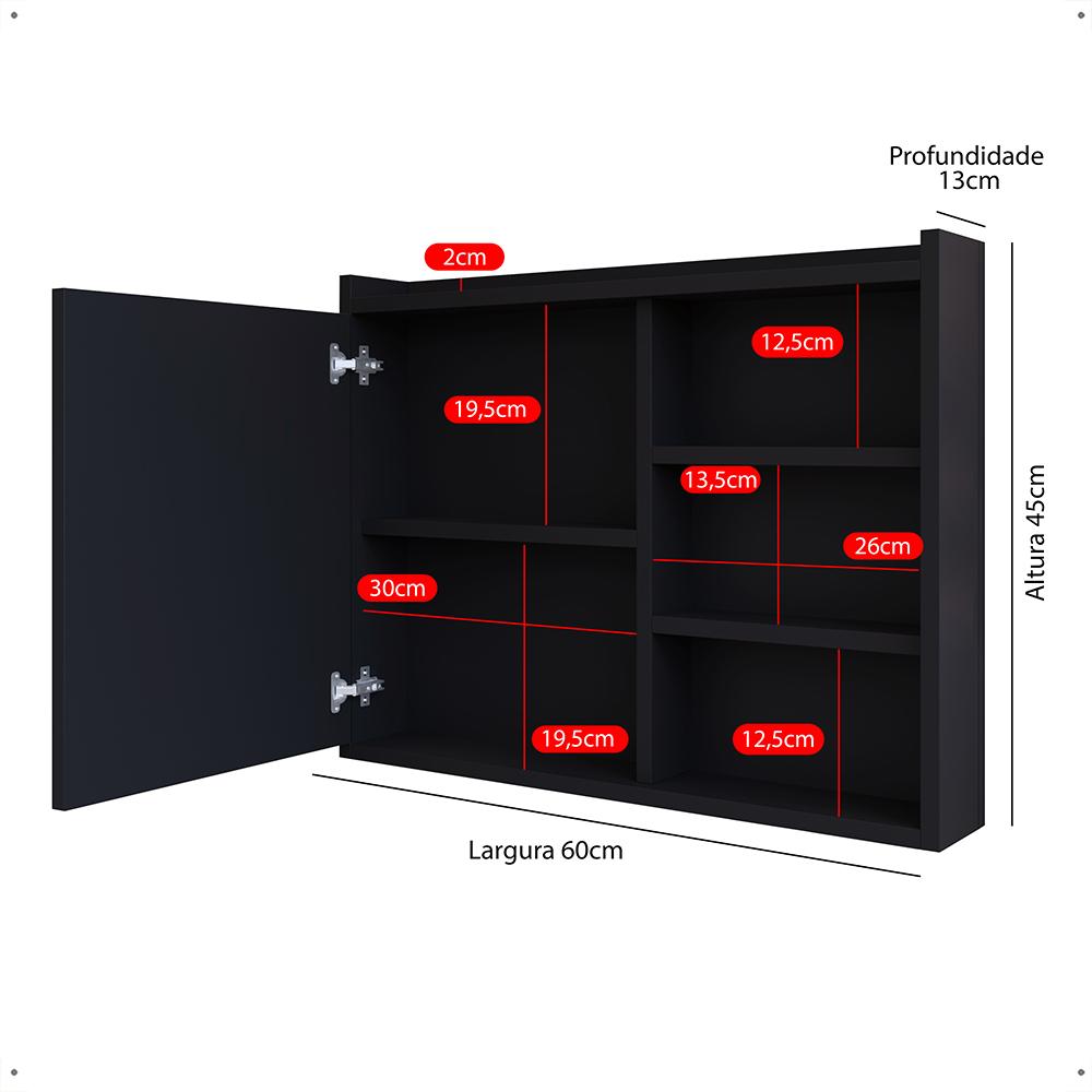 Espelheira Armário Banheiro 60 cm Espelho Porta Prateleira Organizadora Lavabo Luxo - Preto