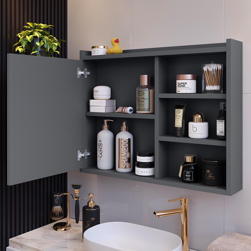 Espelheira Armário de Banheiro 1 Porta Prateleira Espelho Cinza Kit Acessórios Lavabo 4 Peças Aço Inox Cromado- RPM