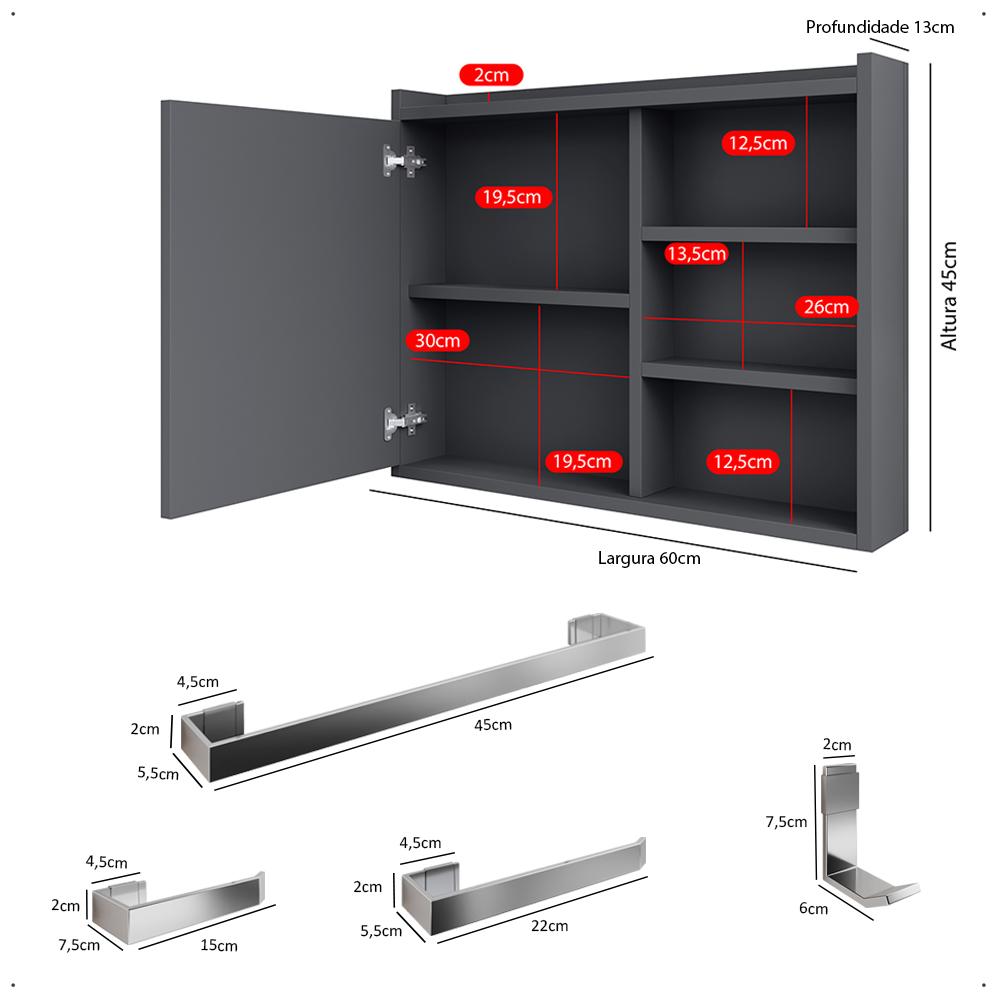 Espelheira Armário de Banheiro 1 Porta Prateleira Espelho Cinza Kit Acessórios Lavabo 4 Peças Aço Inox Cromado- RPM