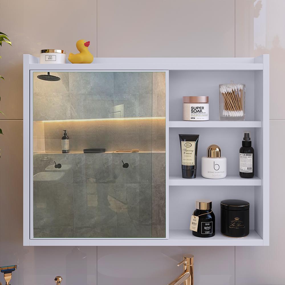 Espelheira Armário de Banheiro 1 Porta Prateleira Espelho Kit Acessórios Lavabo 4 Peças Aço Inox Branco - RPM