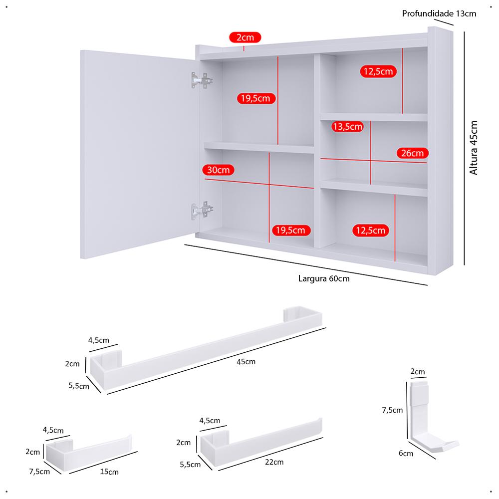 Espelheira Armário de Banheiro 1 Porta Prateleira Espelho Kit Acessórios Lavabo 4 Peças Aço Inox Branco - RPM