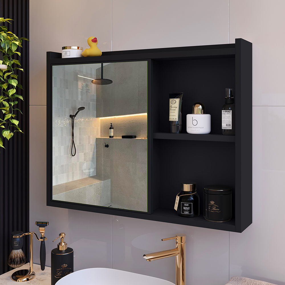 Espelheira Armário de Banheiro 1 Porta Prateleira Espelho Kit Acessórios Lavabo 4 Peças Aço Inox Preto - RPM