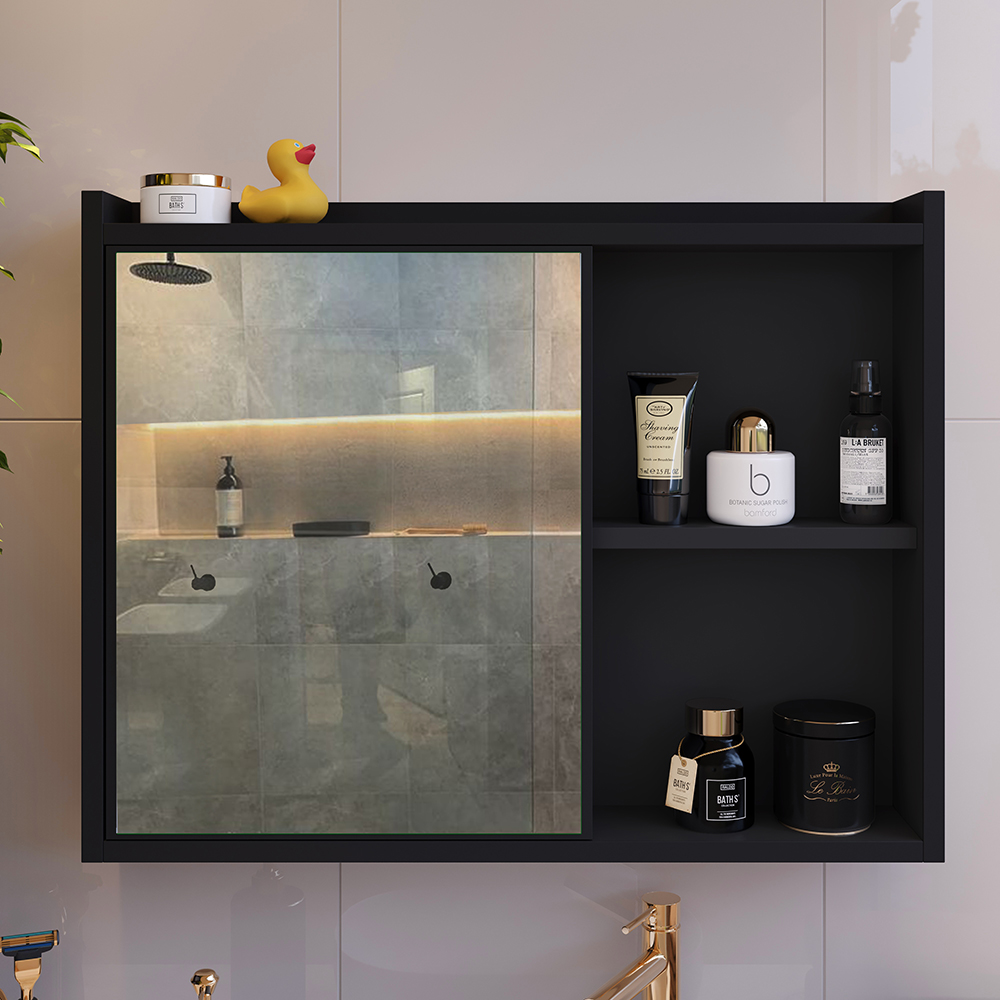 Espelheira Armário de Banheiro 1 Porta Prateleira Espelho Kit Acessórios Lavabo 4 Peças Aço Inox Preto - RPM