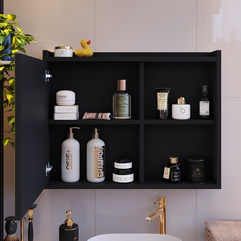 Espelheira Armário de Banheiro 1 Porta Prateleira Espelho Kit Acessórios Lavabo 4 Peças Aço Inox Preto - RPM