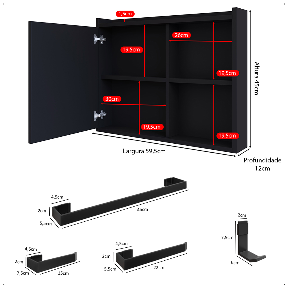 Espelheira Armário de Banheiro 1 Porta Prateleira Espelho Kit Acessórios Lavabo 4 Peças Aço Inox Preto - RPM