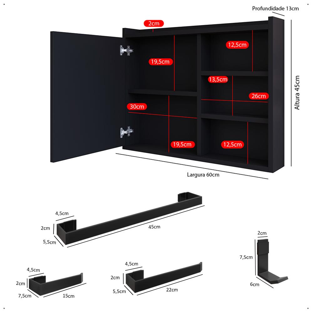Espelheira Armário de Banheiro 1 Porta Prateleira Espelho Kit Acessórios Lavabo 4 Peças Aço Inox Preto - RPM