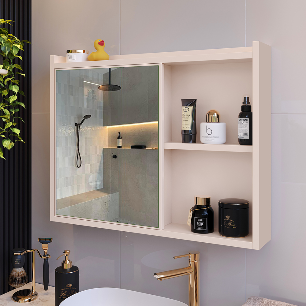Espelheira Armário de Banheiro 1 Porta Prateleira Espelho Off White Kit Acessórios Lavabo 4 Peças Aço Inox Rose Gold - RPM