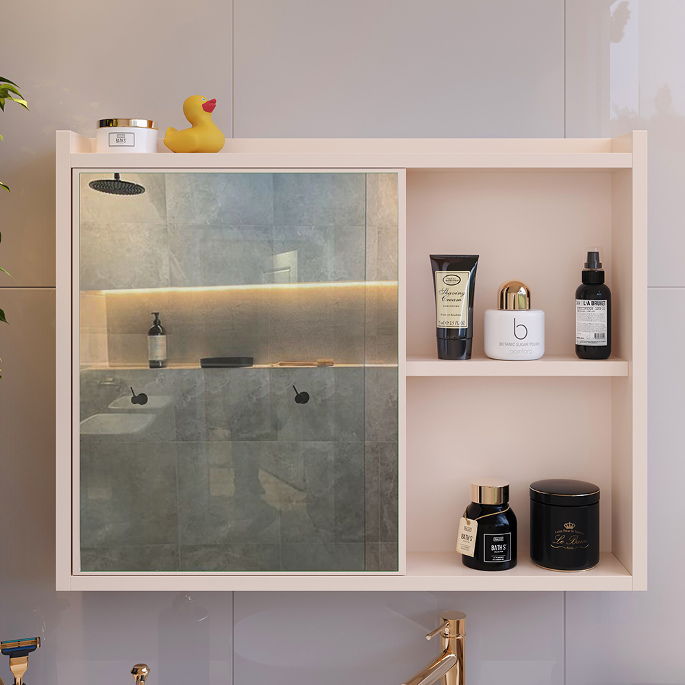 Espelheira Armário de Banheiro 1 Porta Prateleira Espelho Off White Kit Acessórios Lavabo 4 Peças Aço Inox Rose Gold - RPM