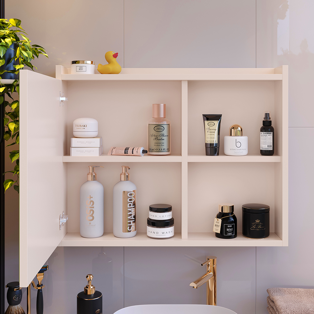 Espelheira Armário de Banheiro 1 Porta Prateleira Espelho Off White Kit Acessórios Lavabo 4 Peças Aço Inox Rose Gold - RPM