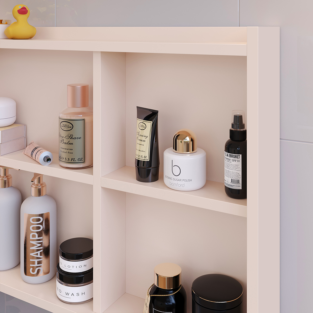 Espelheira Armário de Banheiro 1 Porta Prateleira Espelho Off White Kit Acessórios Lavabo 4 Peças Aço Inox Rose Gold - RPM