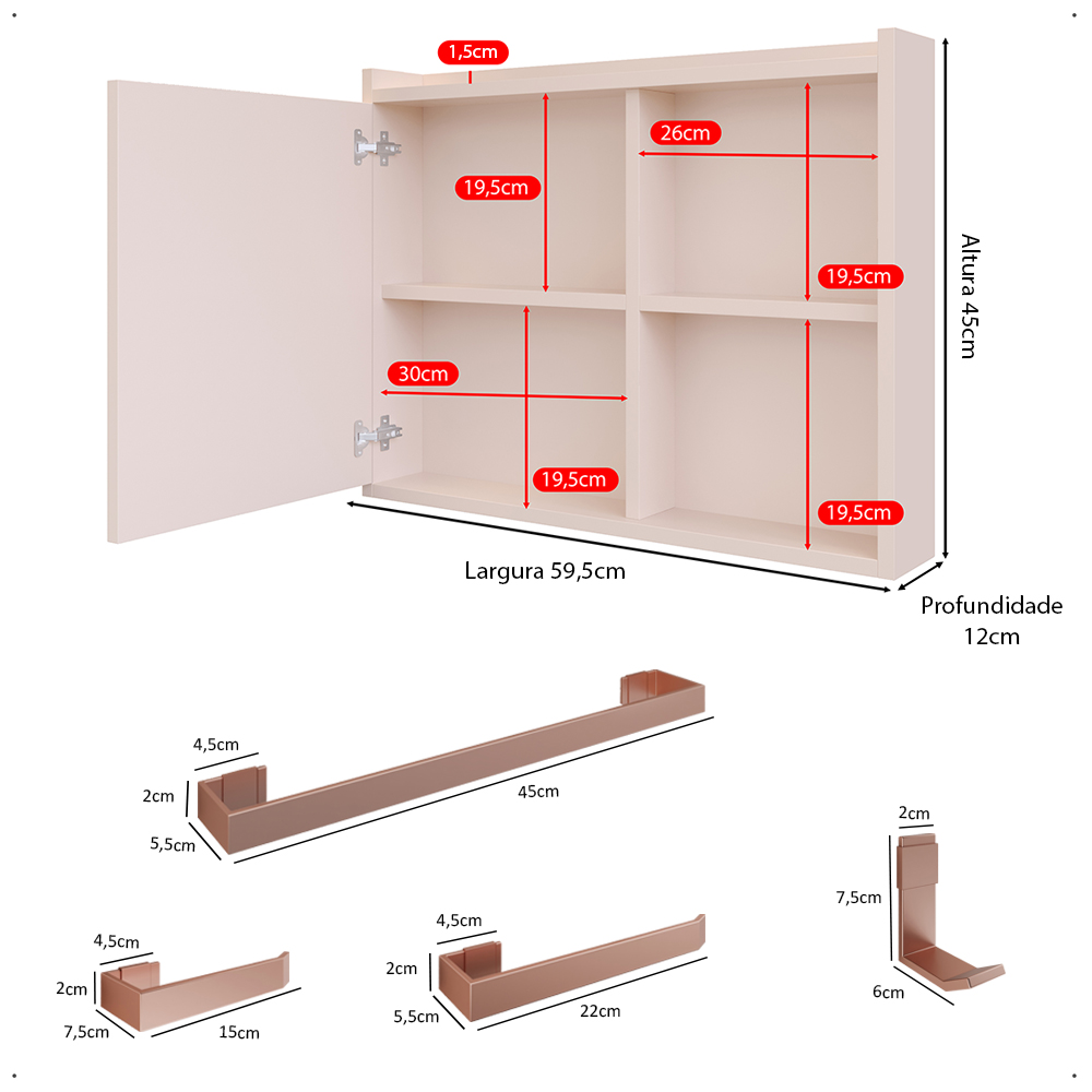 Espelheira Armário de Banheiro 1 Porta Prateleira Espelho Off White Kit Acessórios Lavabo 4 Peças Aço Inox Rose Gold - RPM