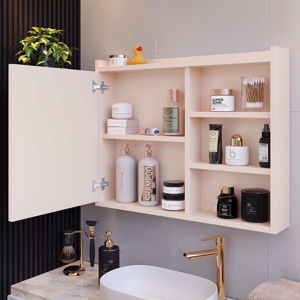 Espelheira Armário de Banheiro 1 Porta Prateleira Espelho Off White Kit Acessórios Lavabo 4 Peças Aço Inox Rose Gold - RPM
