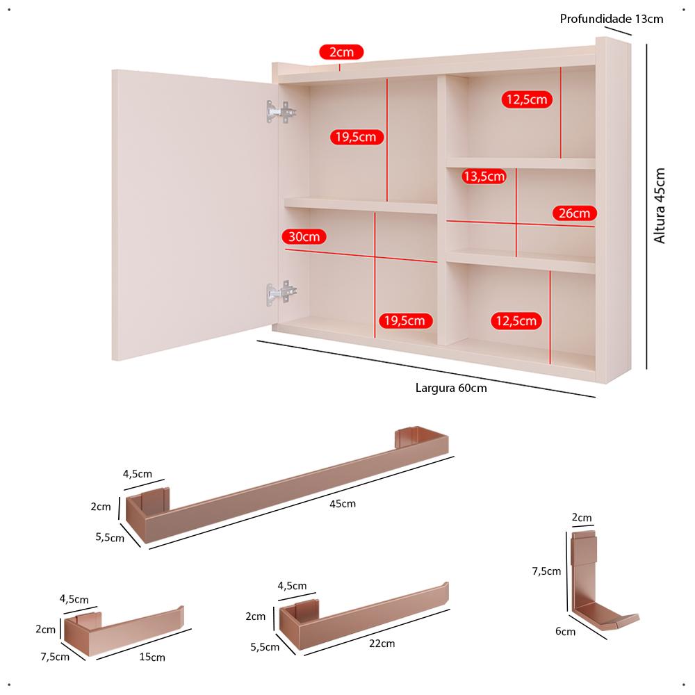 Espelheira Armário de Banheiro 1 Porta Prateleira Espelho Off White Kit Acessórios Lavabo 4 Peças Aço Inox Rose Gold - RPM