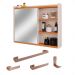 Espelheira Armário de Banheiro 1 Porta Prateleira Espelho Off White/Cinamomo Kit Acessórios Lavabo 4 Peças Aço Inox Rose Gold - RPM