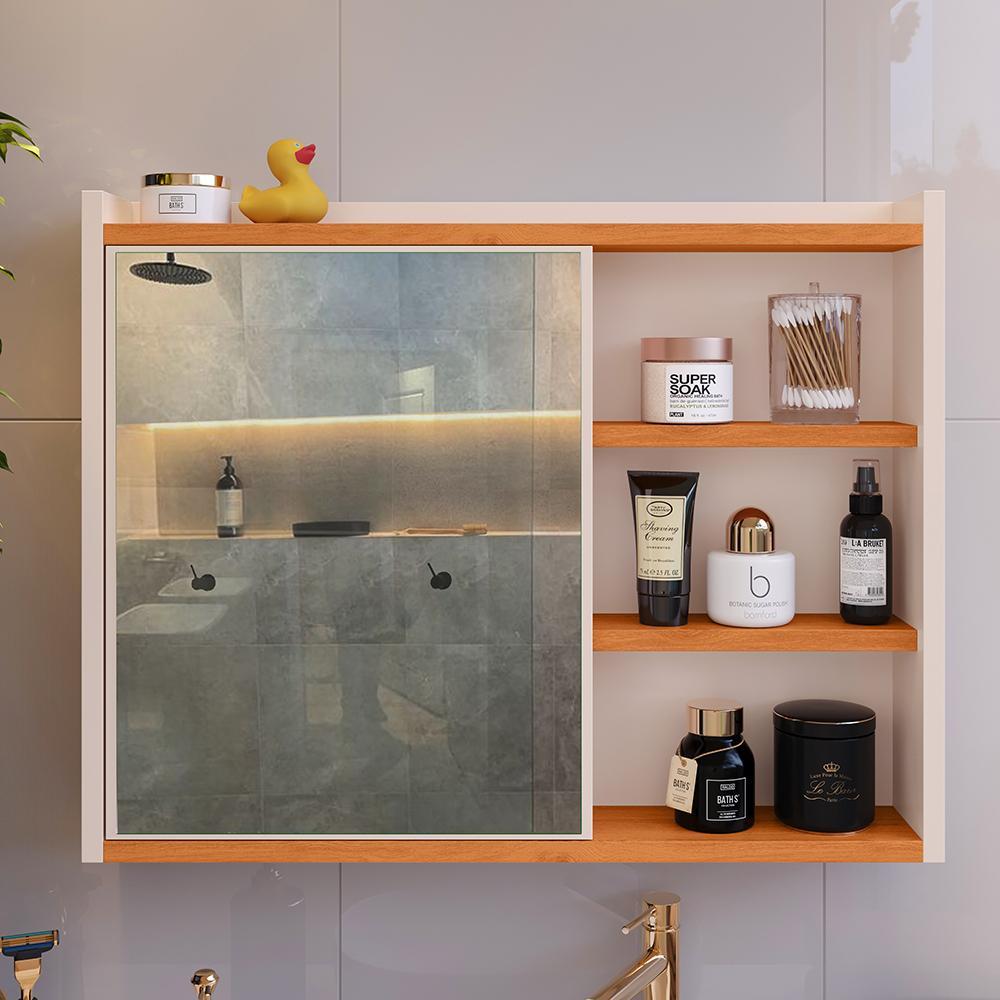 Espelheira Armário de Banheiro 1 Porta Prateleira Espelho Off White/Cinamomo Kit Acessórios Lavabo 4 Peças Aço Inox Rose Gold - RPM