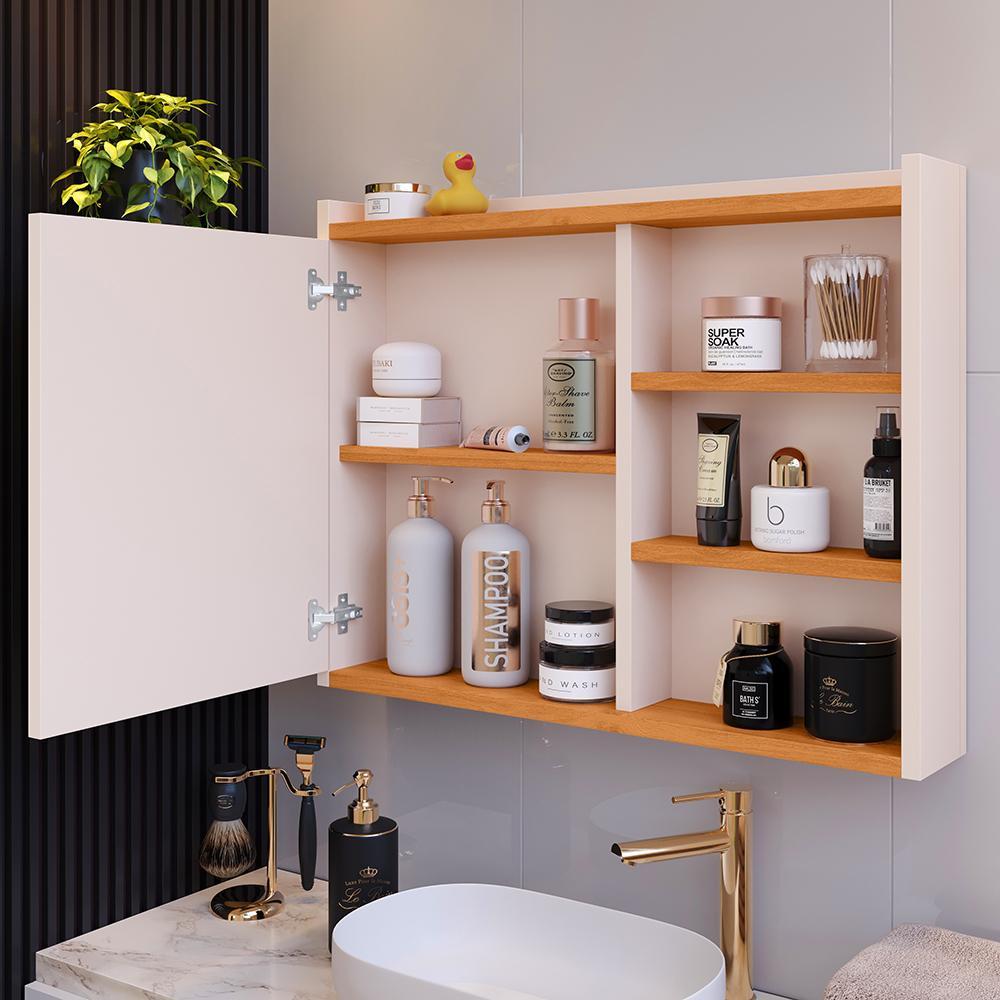 Espelheira Armário de Banheiro 1 Porta Prateleira Espelho Off White/Cinamomo Kit Acessórios Lavabo 4 Peças Aço Inox Rose Gold - RPM