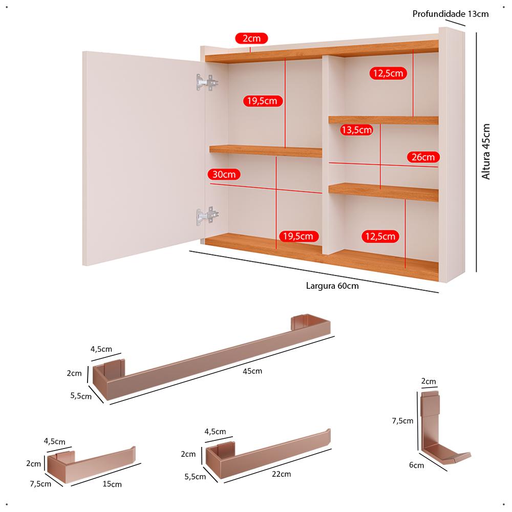 Espelheira Armário de Banheiro 1 Porta Prateleira Espelho Off White/Cinamomo Kit Acessórios Lavabo 4 Peças Aço Inox Rose Gold - RPM